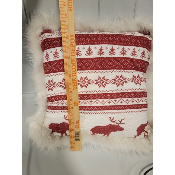 White pine Christmas Throw Pillow Red White Reindeer Elk Faux Fur Trim - Picture 5 of 8